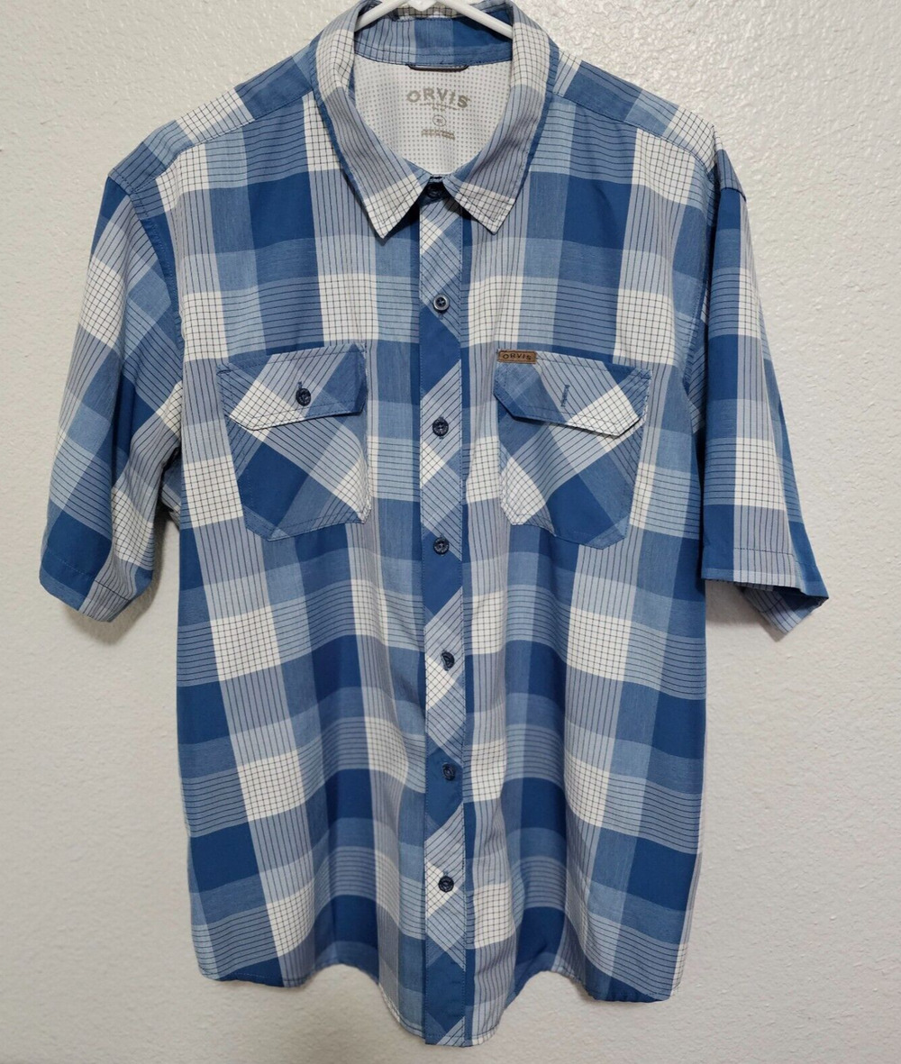 Orvis Mens Shirt XL Blue Plaid Check Outdoor Button Lightweight Short Sleeve